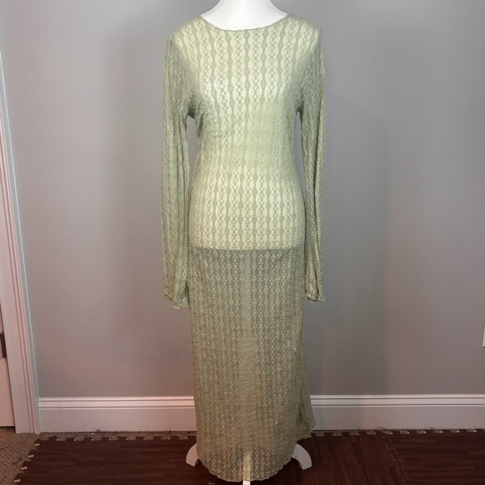 H&M Womens Lace Stretch‎ Green Sheer Maxi Dress Long Sleeve Size Small Coquette